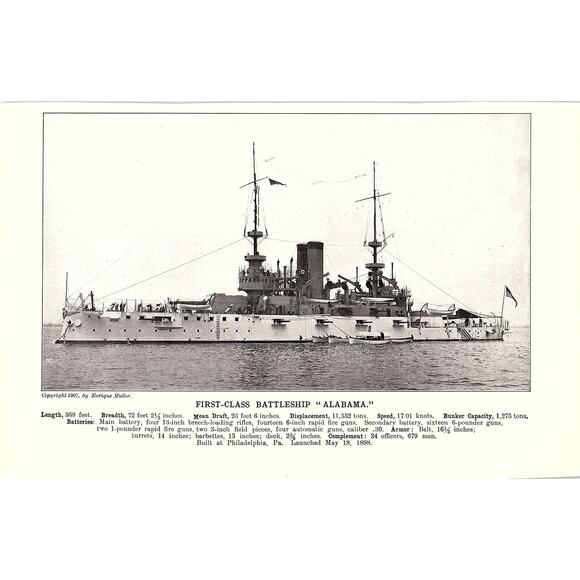 None and/or Unknown Other - First Class Battleship Alabama & Wisconsin Double Sided 1910 Print AF6-20